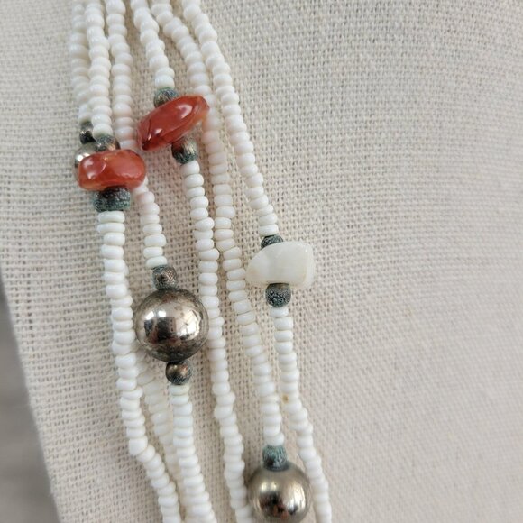 Vintage Multi Strand Seed Bead Necklace Silver Tone Red Accent Boho 12" - Picture 2 of 11
